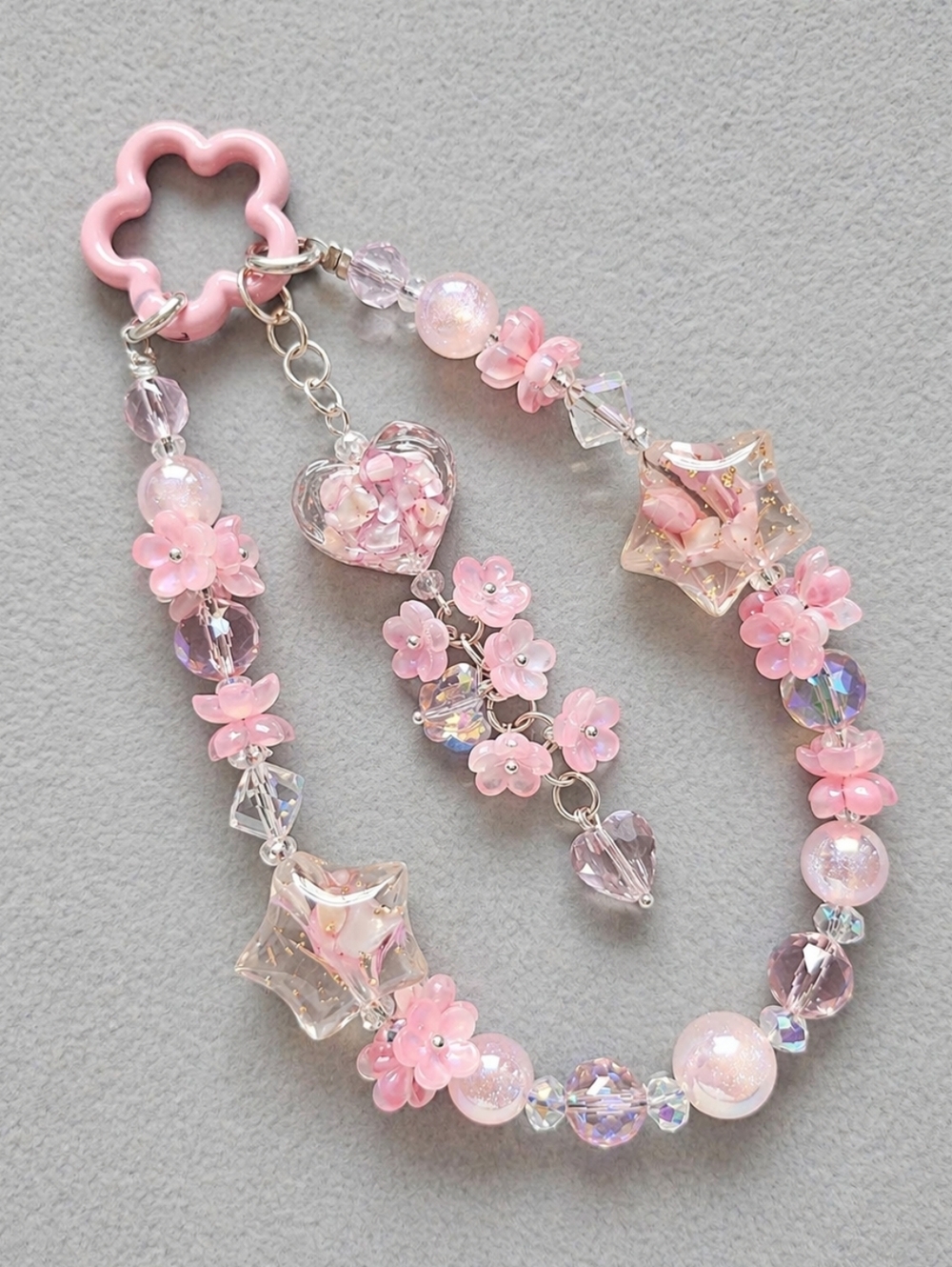 🔥🔛SALE🔥Pink Floral Faceted Beads with Star Phone Bracelet/ Bag Charm